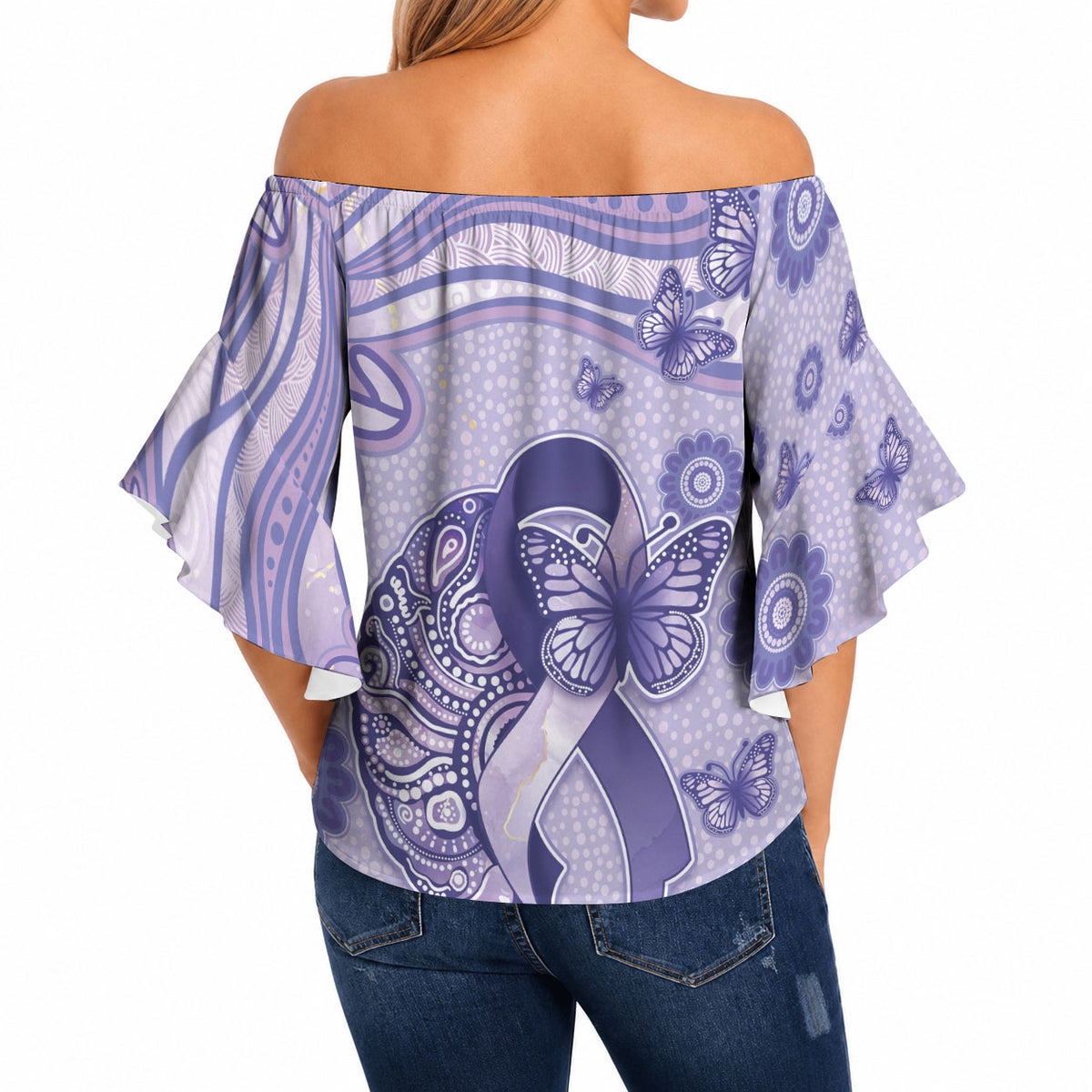 Personalised Epilepsy Support Off Shoulder Wrap Waist Top Purple Ribbon Butterfly And Brain Aboriginal Art