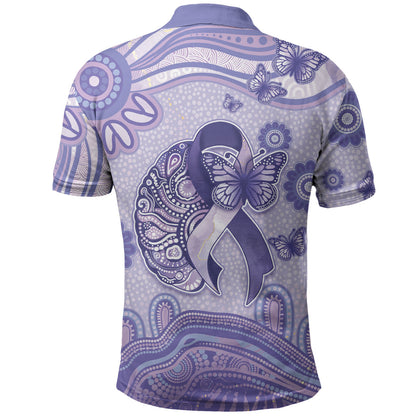 Personalised Epilepsy Support Polo Shirt Purple Ribbon Butterfly And Brain Aboriginal Art