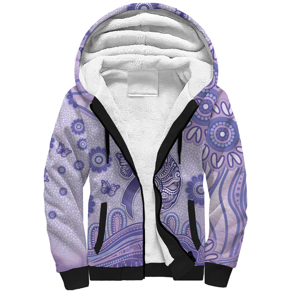 Personalised Epilepsy Support Sherpa Hoodie Purple Ribbon Butterfly And Brain Aboriginal Art