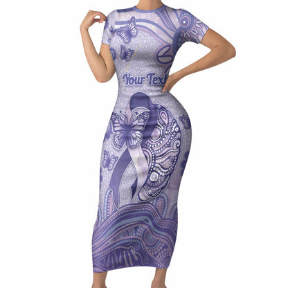 Personalised Epilepsy Support Short Sleeve Bodycon Dress Purple Ribbon Butterfly And Brain Aboriginal Art