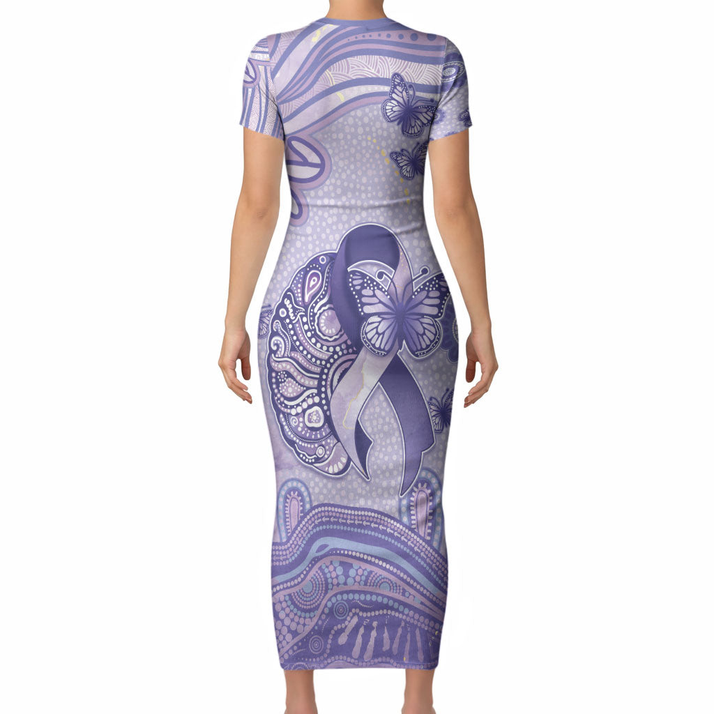 Personalised Epilepsy Support Short Sleeve Bodycon Dress Purple Ribbon Butterfly And Brain Aboriginal Art