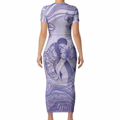 Personalised Epilepsy Support Short Sleeve Bodycon Dress Purple Ribbon Butterfly And Brain Aboriginal Art