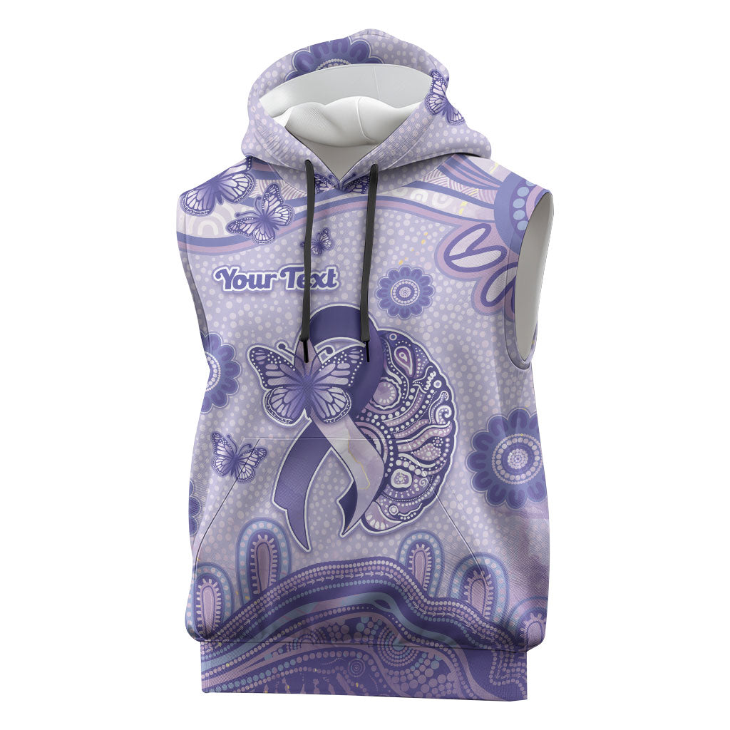Personalised Epilepsy Support Sleeveless Hoodie Purple Ribbon Butterfly And Brain Aboriginal Art