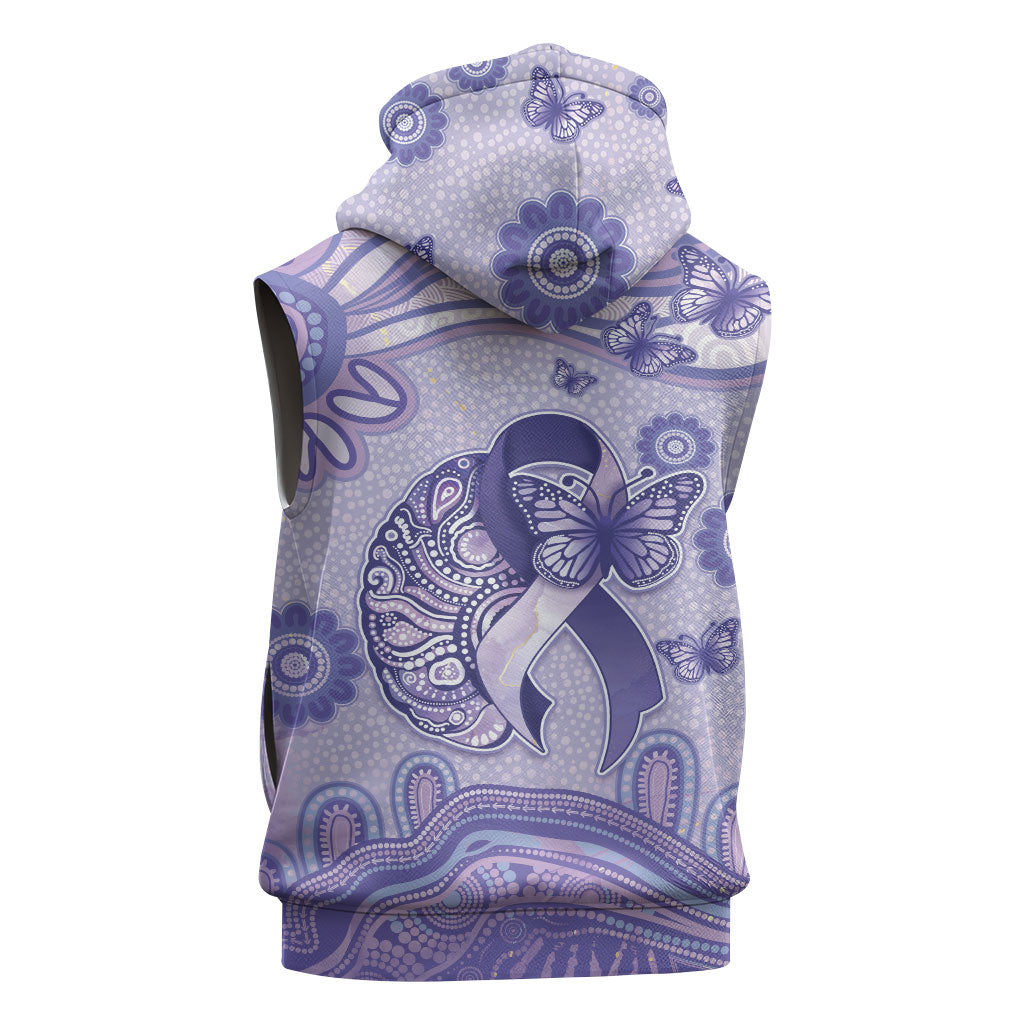 Personalised Epilepsy Support Sleeveless Hoodie Purple Ribbon Butterfly And Brain Aboriginal Art