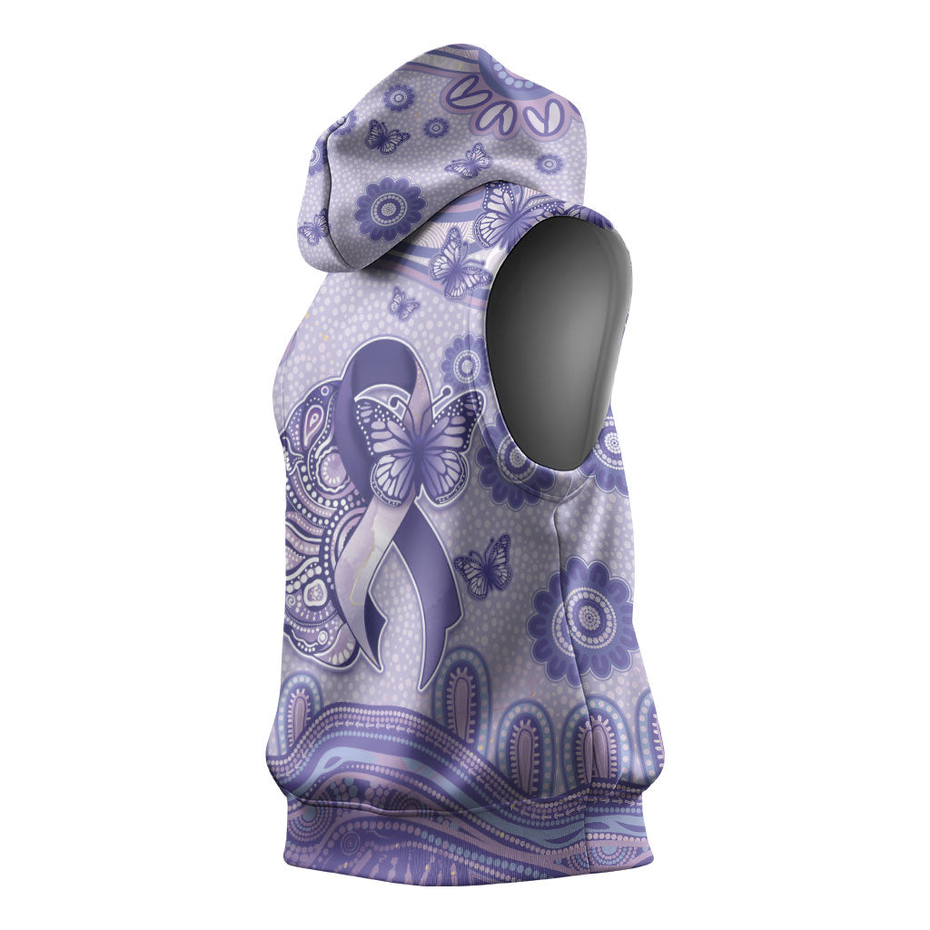 Personalised Epilepsy Support Sleeveless Hoodie Purple Ribbon Butterfly And Brain Aboriginal Art