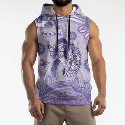 Personalised Epilepsy Support Sleeveless Hoodie Purple Ribbon Butterfly And Brain Aboriginal Art