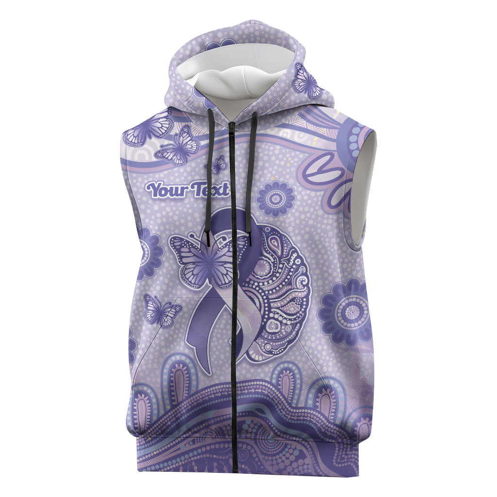 Personalised Epilepsy Support Sleeveless Zip Hoodie Purple Ribbon Butterfly And Brain Aboriginal Art