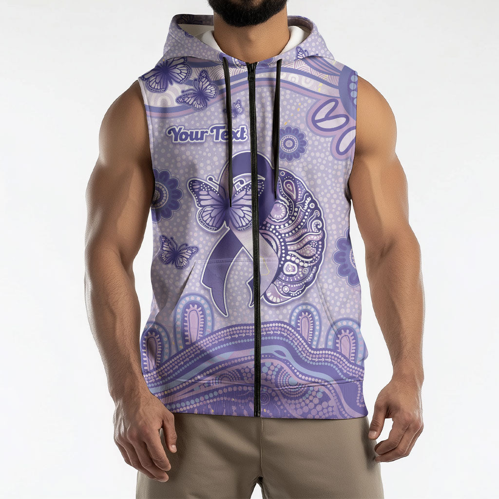 Personalised Epilepsy Support Sleeveless Zip Hoodie Purple Ribbon Butterfly And Brain Aboriginal Art