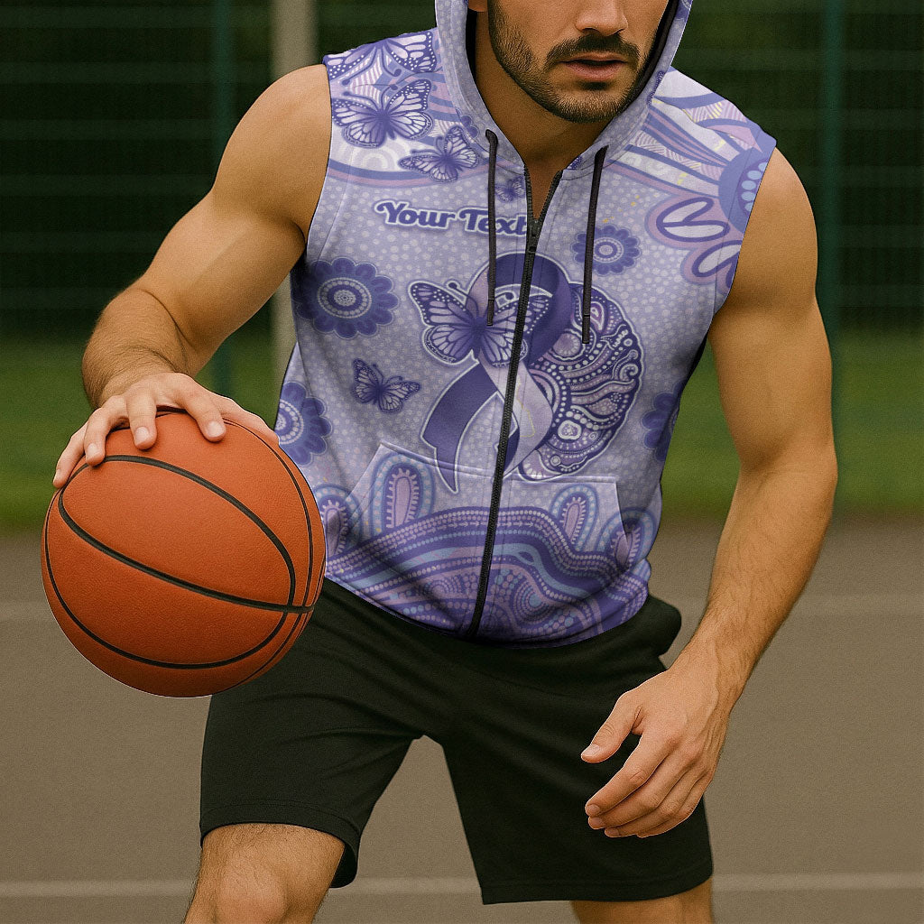 Personalised Epilepsy Support Sleeveless Zip Hoodie Purple Ribbon Butterfly And Brain Aboriginal Art