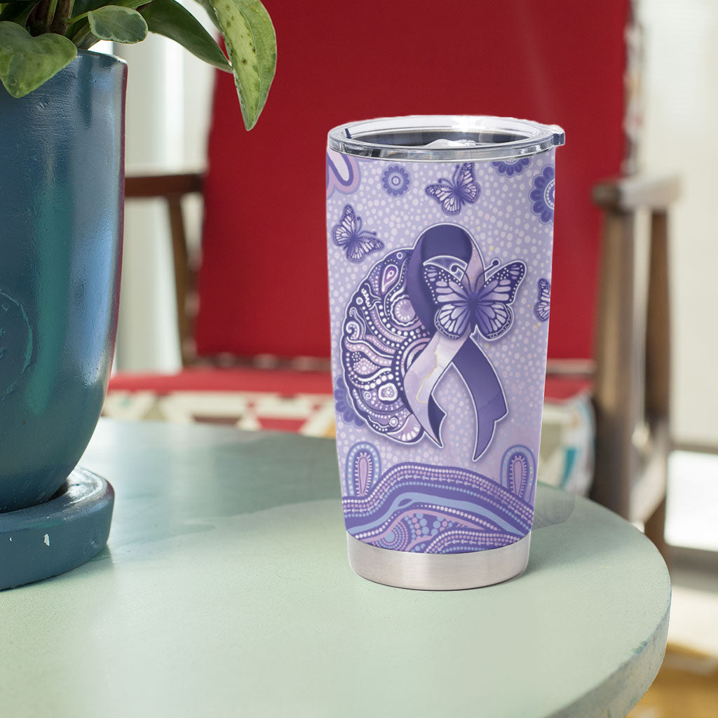 Personalised Epilepsy Support Tumbler Cup Purple Ribbon Butterfly And Brain Aboriginal Art
