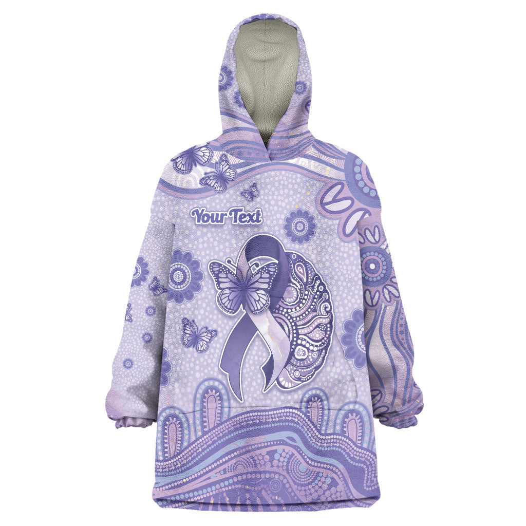 Personalised Epilepsy Support Wearable Blanket Hoodie Purple Ribbon Butterfly And Brain Aboriginal Art