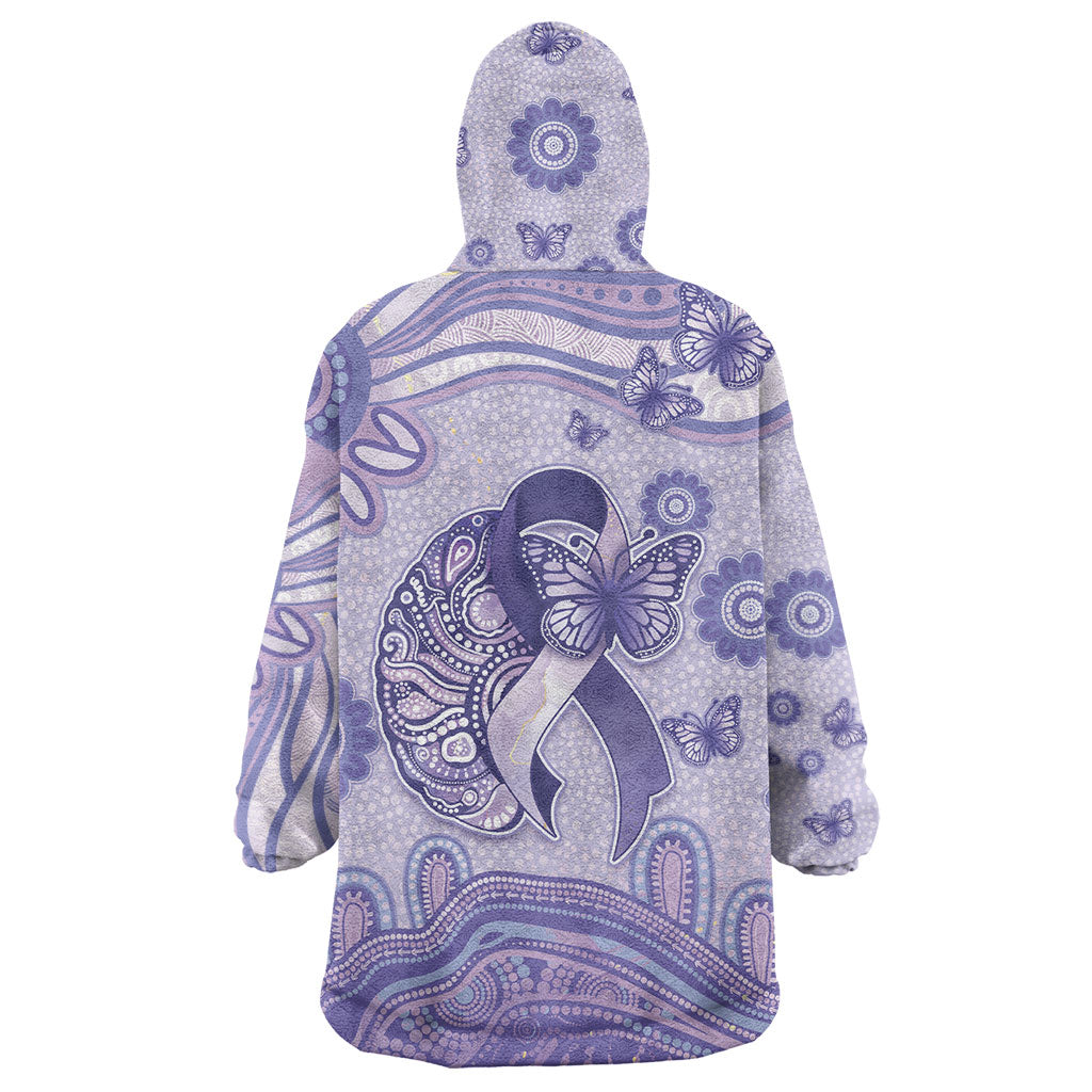 Personalised Epilepsy Support Wearable Blanket Hoodie Purple Ribbon Butterfly And Brain Aboriginal Art