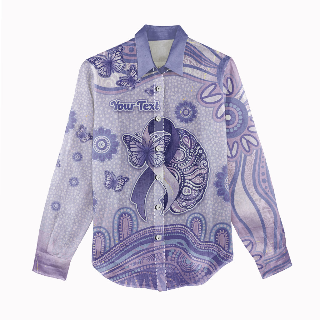 Personalised Epilepsy Support Women Casual Shirt Purple Ribbon Butterfly And Brain Aboriginal Art