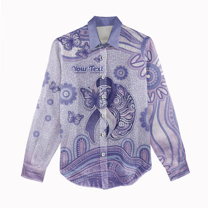 Personalised Epilepsy Support Women Casual Shirt Purple Ribbon Butterfly And Brain Aboriginal Art