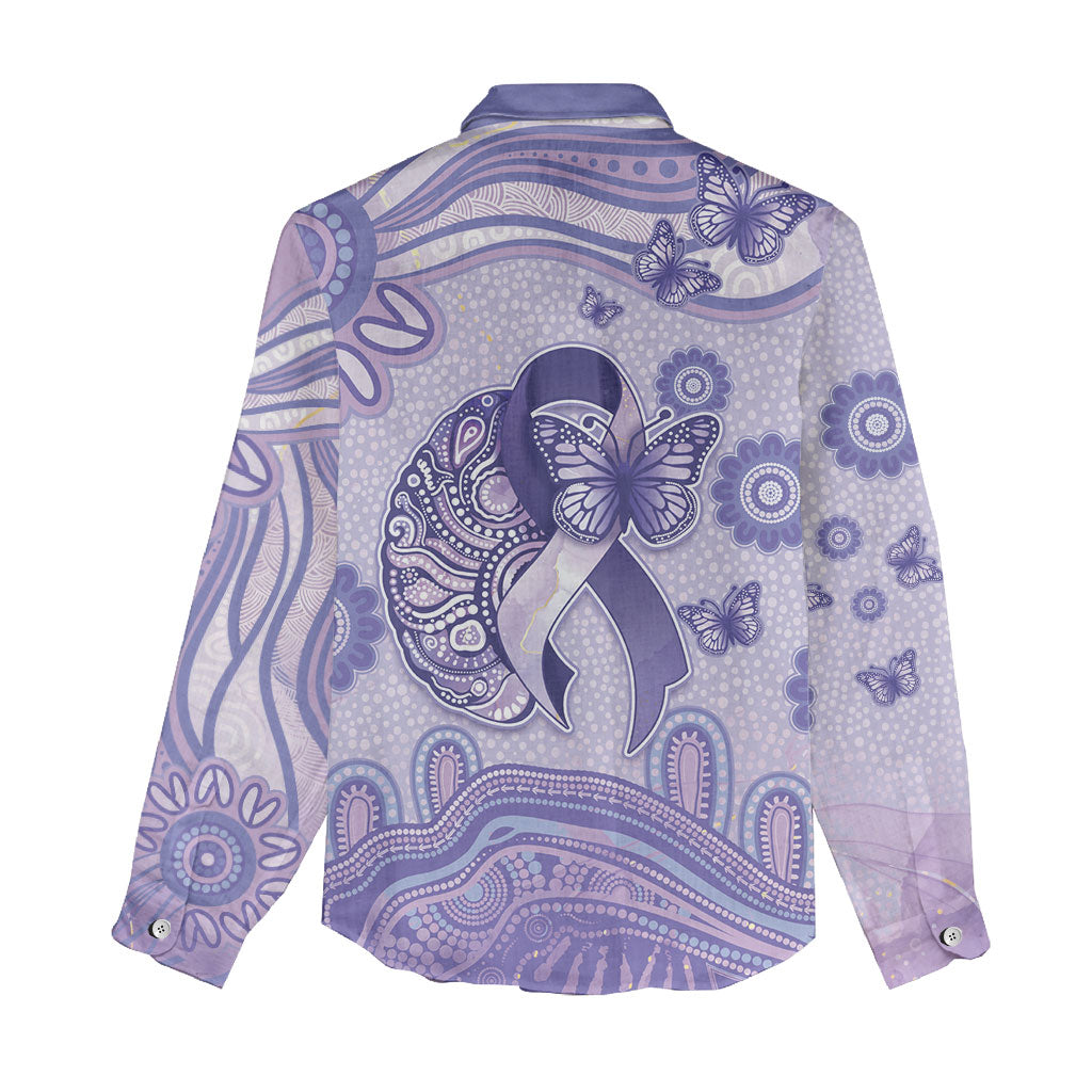 Personalised Epilepsy Support Women Casual Shirt Purple Ribbon Butterfly And Brain Aboriginal Art