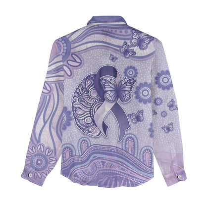 Personalised Epilepsy Support Women Casual Shirt Purple Ribbon Butterfly And Brain Aboriginal Art