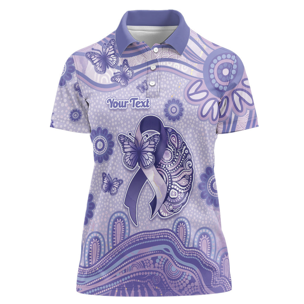 Personalised Epilepsy Support Women Polo Shirt Purple Ribbon Butterfly And Brain Aboriginal Art