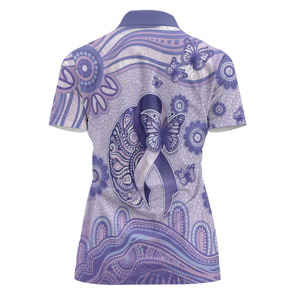 Personalised Epilepsy Support Women Polo Shirt Purple Ribbon Butterfly And Brain Aboriginal Art