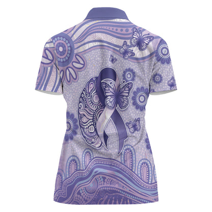 Personalised Epilepsy Support Women Polo Shirt Purple Ribbon Butterfly And Brain Aboriginal Art