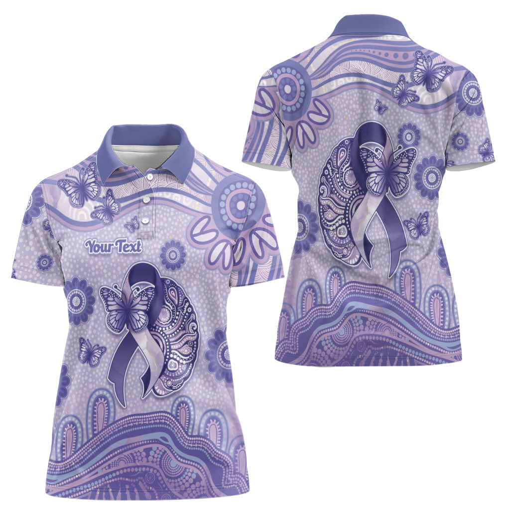 Personalised Epilepsy Support Women Polo Shirt Purple Ribbon Butterfly And Brain Aboriginal Art