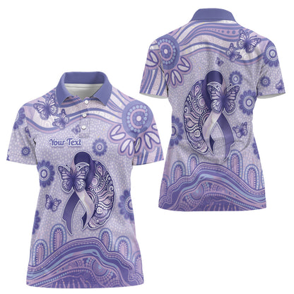 Personalised Epilepsy Support Women Polo Shirt Purple Ribbon Butterfly And Brain Aboriginal Art