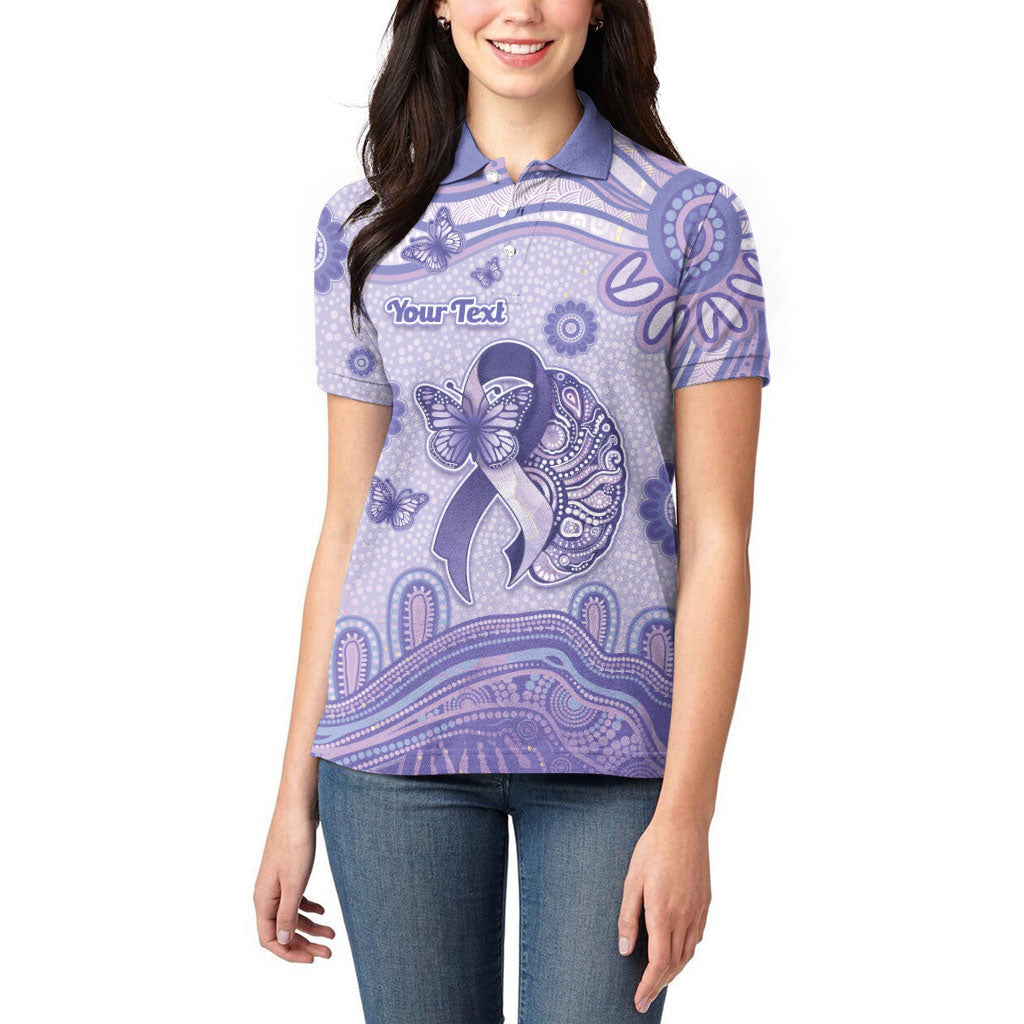 Personalised Epilepsy Support Women Polo Shirt Purple Ribbon Butterfly And Brain Aboriginal Art