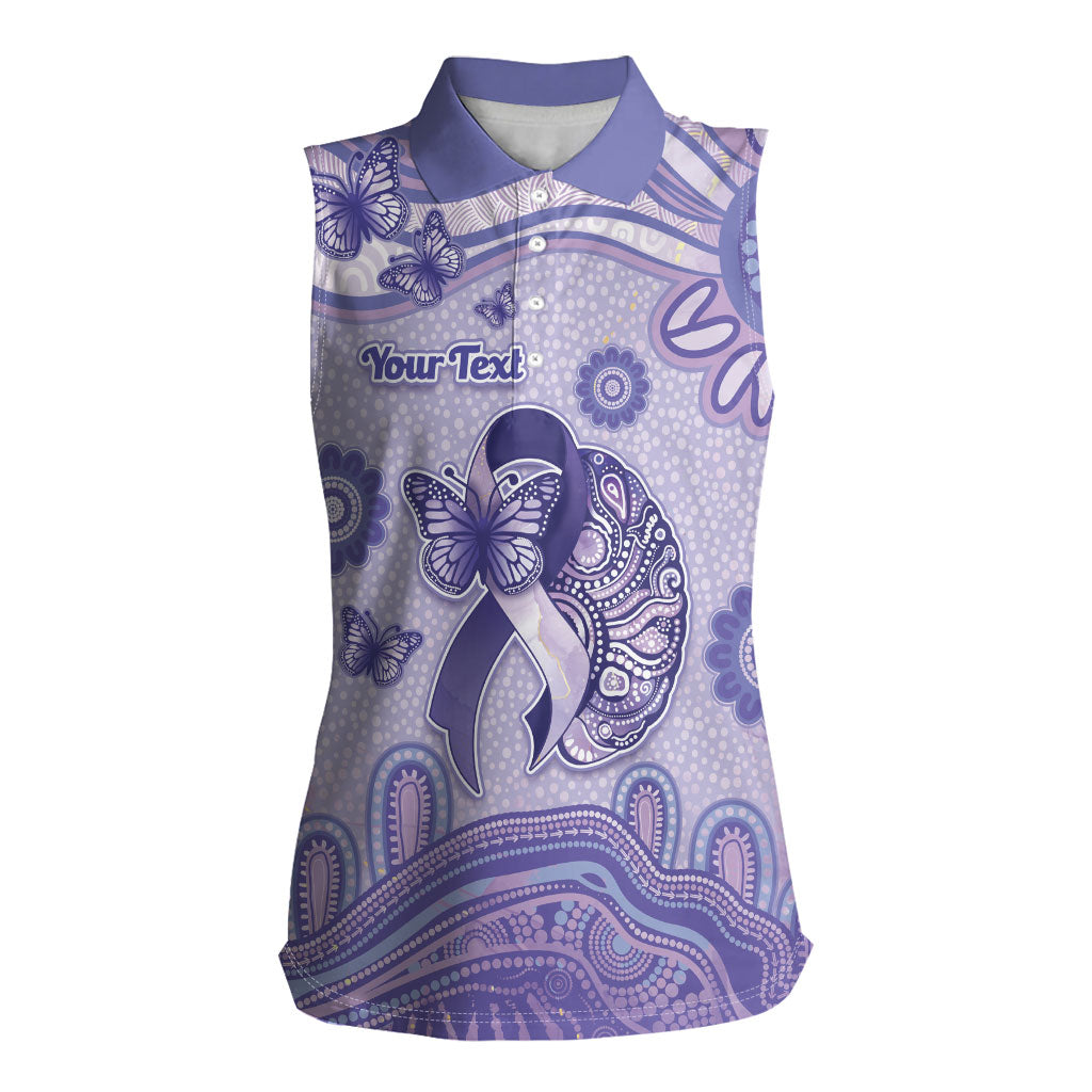 Personalised Epilepsy Support Women Sleeveless Polo Shirt Purple Ribbon Butterfly And Brain Aboriginal Art