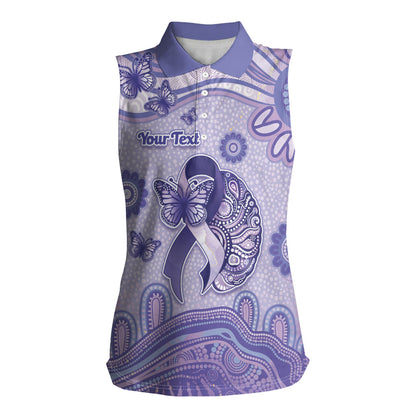 Personalised Epilepsy Support Women Sleeveless Polo Shirt Purple Ribbon Butterfly And Brain Aboriginal Art