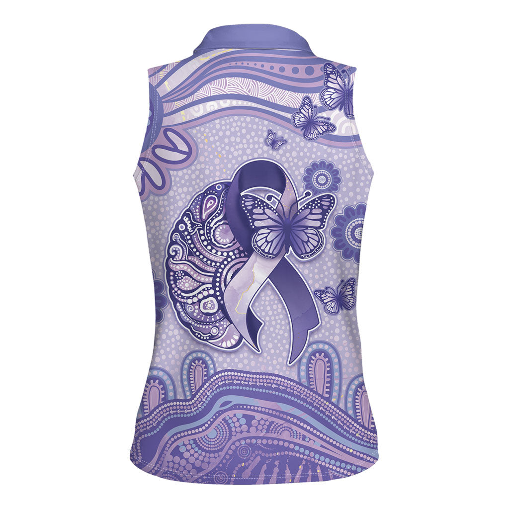 Personalised Epilepsy Support Women Sleeveless Polo Shirt Purple Ribbon Butterfly And Brain Aboriginal Art