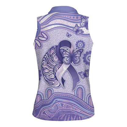 Personalised Epilepsy Support Women Sleeveless Polo Shirt Purple Ribbon Butterfly And Brain Aboriginal Art
