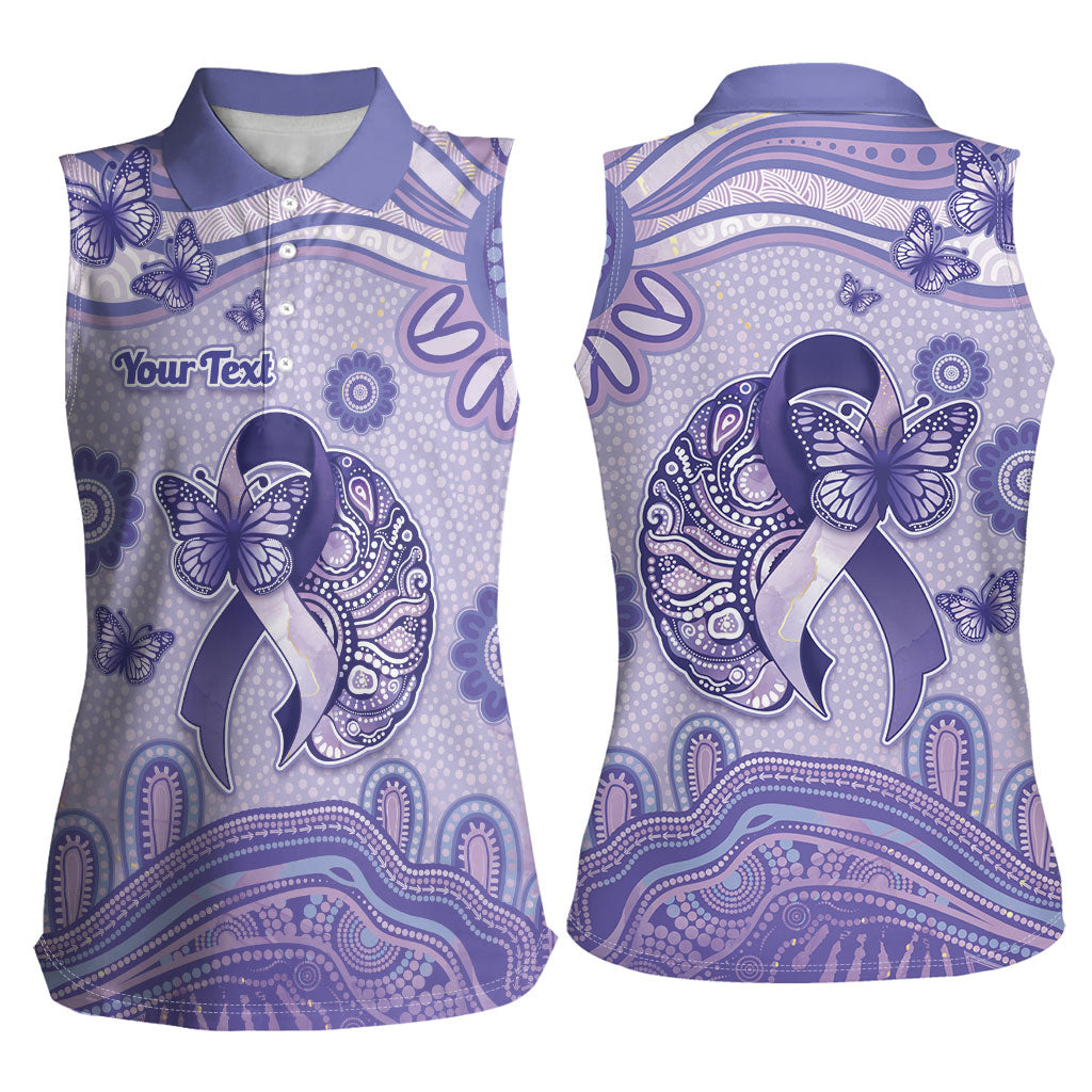 Personalised Epilepsy Support Women Sleeveless Polo Shirt Purple Ribbon Butterfly And Brain Aboriginal Art