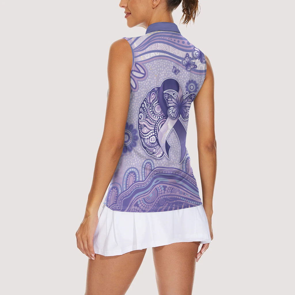 Personalised Epilepsy Support Women Sleeveless Polo Shirt Purple Ribbon Butterfly And Brain Aboriginal Art