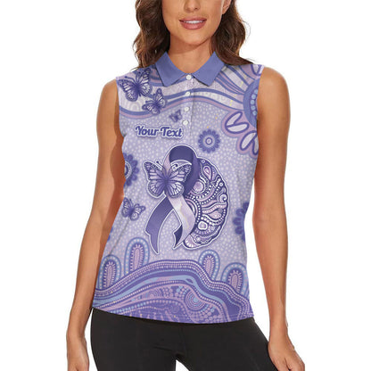 Personalised Epilepsy Support Women Sleeveless Polo Shirt Purple Ribbon Butterfly And Brain Aboriginal Art