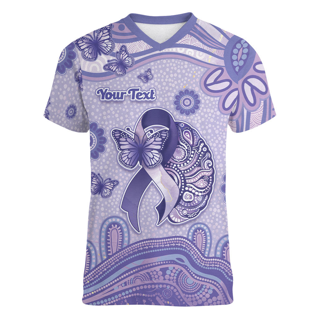 Personalised Epilepsy Support Women V-Neck T-Shirt Purple Ribbon Butterfly And Brain Aboriginal Art