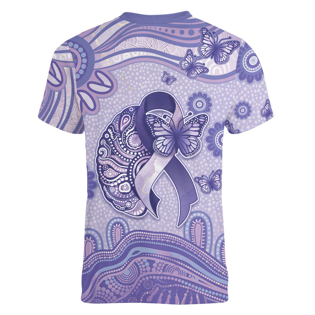 Personalised Epilepsy Support Women V-Neck T-Shirt Purple Ribbon Butterfly And Brain Aboriginal Art