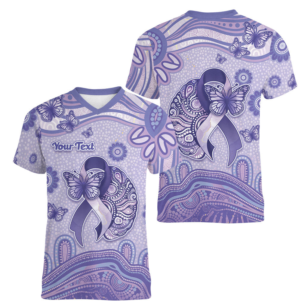 Personalised Epilepsy Support Women V-Neck T-Shirt Purple Ribbon Butterfly And Brain Aboriginal Art