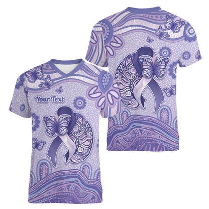 Personalised Epilepsy Support Women V-Neck T-Shirt Purple Ribbon Butterfly And Brain Aboriginal Art