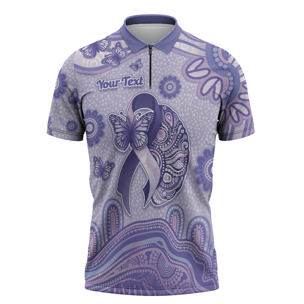 Personalised Epilepsy Support Zipper Polo Shirt Purple Ribbon Butterfly And Brain Aboriginal Art