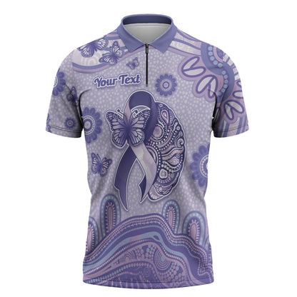 Personalised Epilepsy Support Zipper Polo Shirt Purple Ribbon Butterfly And Brain Aboriginal Art