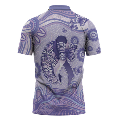 Personalised Epilepsy Support Zipper Polo Shirt Purple Ribbon Butterfly And Brain Aboriginal Art