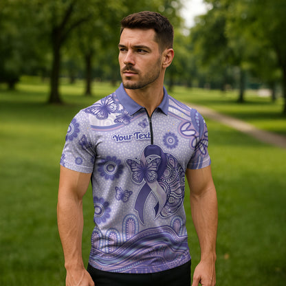 Personalised Epilepsy Support Zipper Polo Shirt Purple Ribbon Butterfly And Brain Aboriginal Art