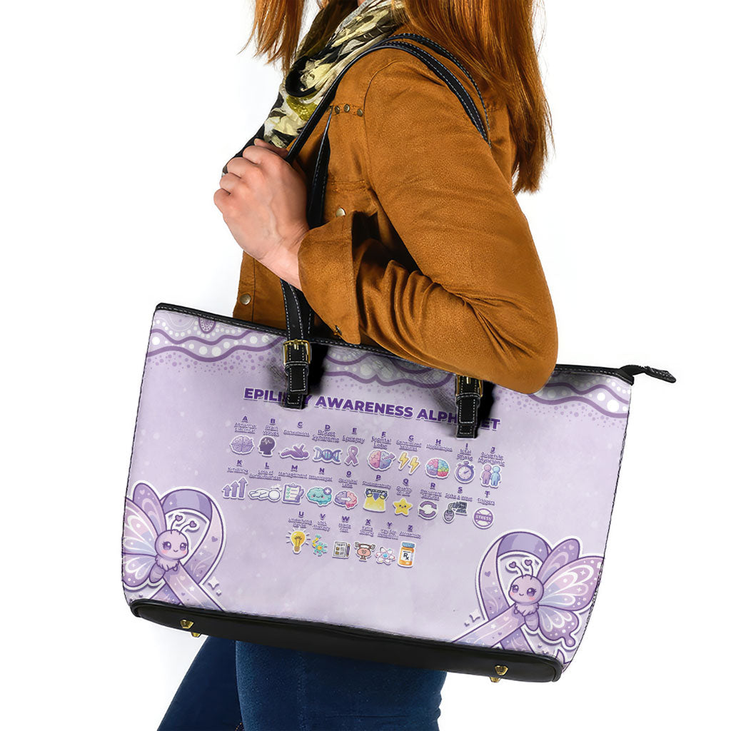 Epilepsy Support Leather Tote Bag Purple Ribbon Butterfly Cute Style