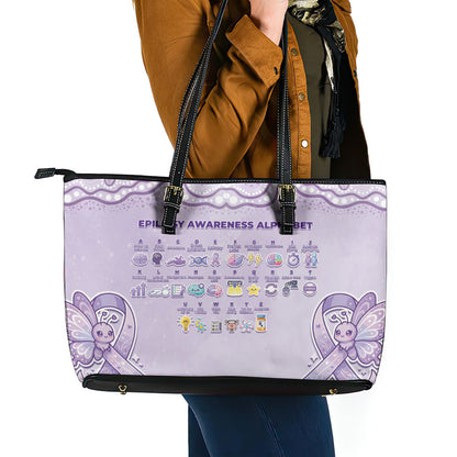 Epilepsy Support Leather Tote Bag Purple Ribbon Butterfly Cute Style