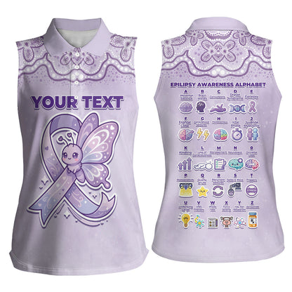 Personalised Epilepsy Support Women Sleeveless Polo Shirt Purple Ribbon Butterfly Cute Style