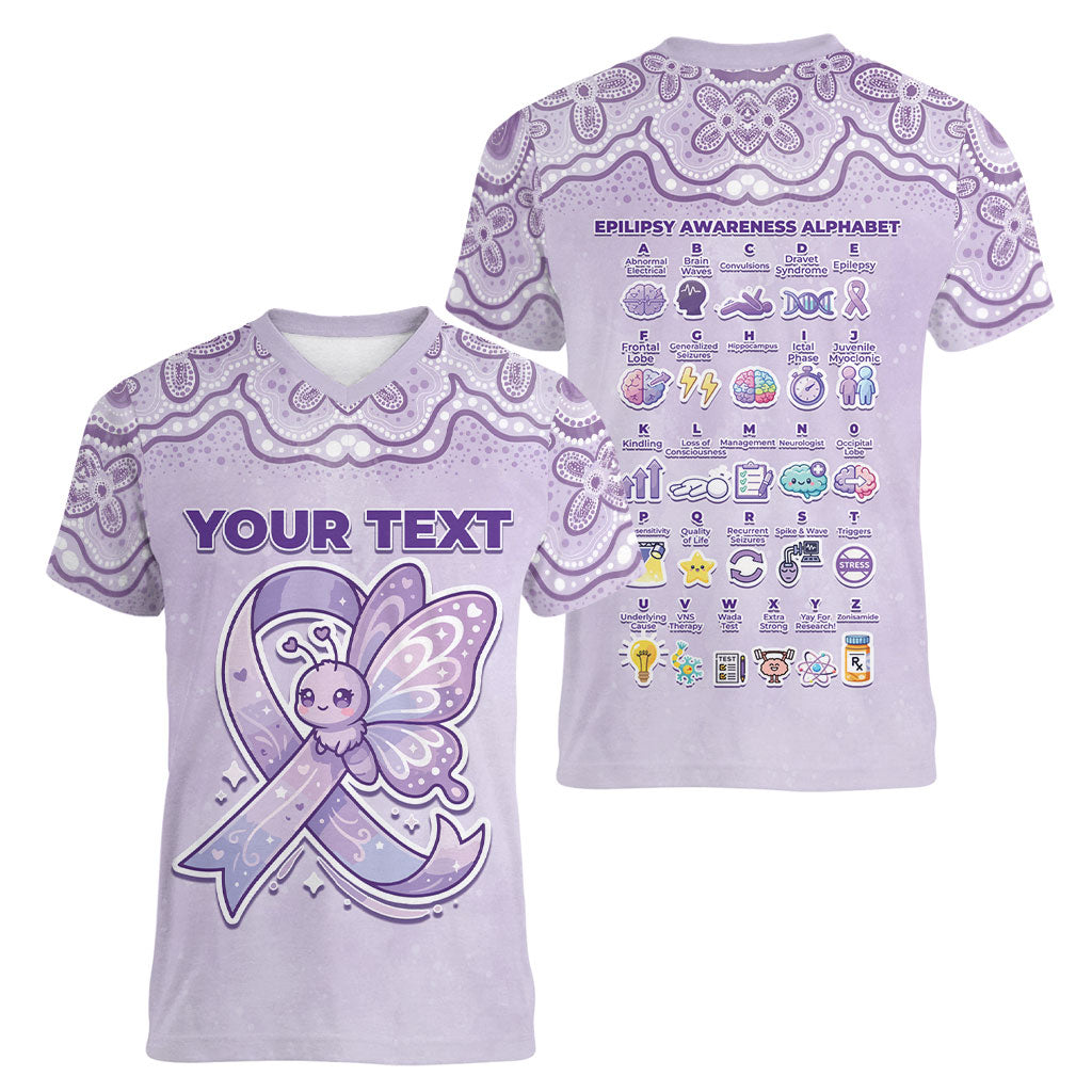 Personalised Epilepsy Support Women V-Neck T-Shirt Purple Ribbon Butterfly Cute Style