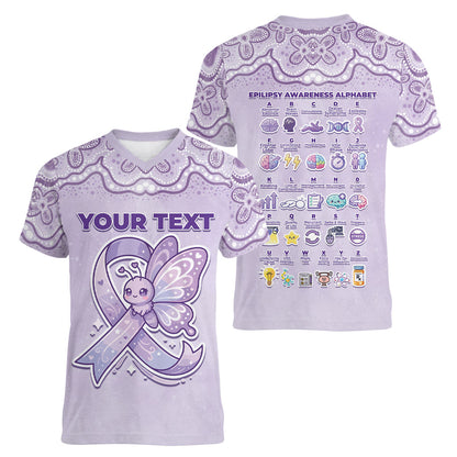 Personalised Epilepsy Support Women V-Neck T-Shirt Purple Ribbon Butterfly Cute Style