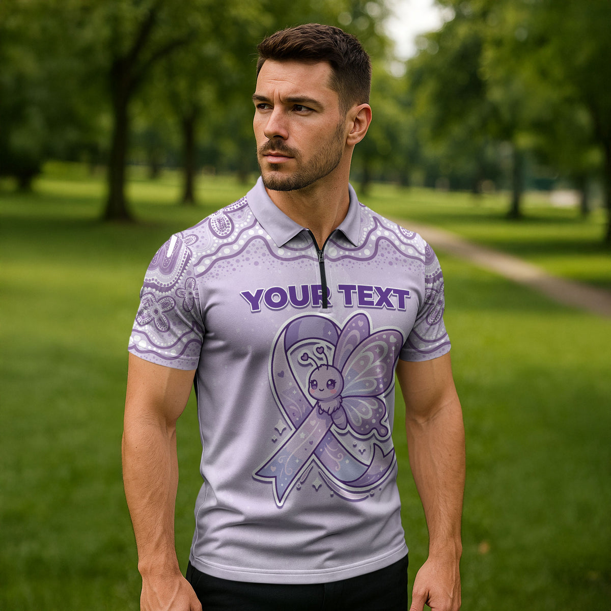 Personalised Epilepsy Support Zipper Polo Shirt Purple Ribbon Butterfly Cute Style