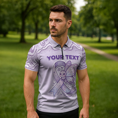 Personalised Epilepsy Support Zipper Polo Shirt Purple Ribbon Butterfly Cute Style