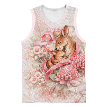 Personalised Breast Cancer Support Basketball Jersey Mother Kangaroo And Ribbon Hope