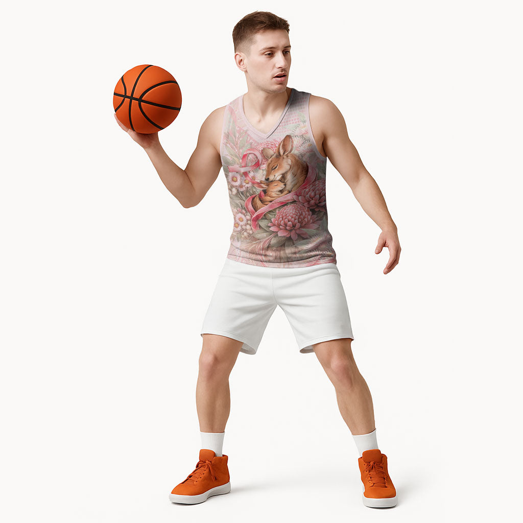 Personalised Breast Cancer Support Basketball Jersey Mother Kangaroo And Ribbon Hope